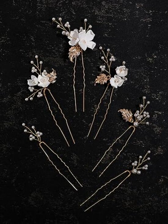 Bridal Pearl Hair Pins White Gold Leaf Flowers Clips Wedding Hair Accessories main image 5